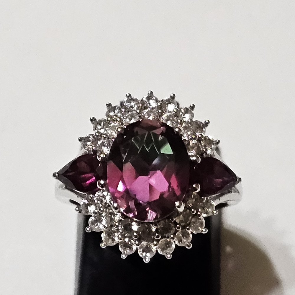 Genuine Watermelon Quartz & Multi Gemstone Ring Platinum over 925 Sz 6! - Picture 4 of 13